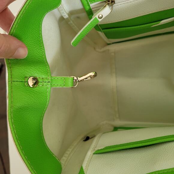 Kate Spade Tote Purse White Lime Green Stripped Saffiano Leather Shoulder Bag - Picture 9 of 13